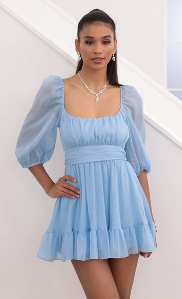 Sky Blue Puffed Sleeves Back Tie Up Dress