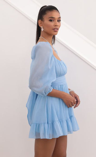 Sky Blue Puffed Sleeves Back Tie Up Dress