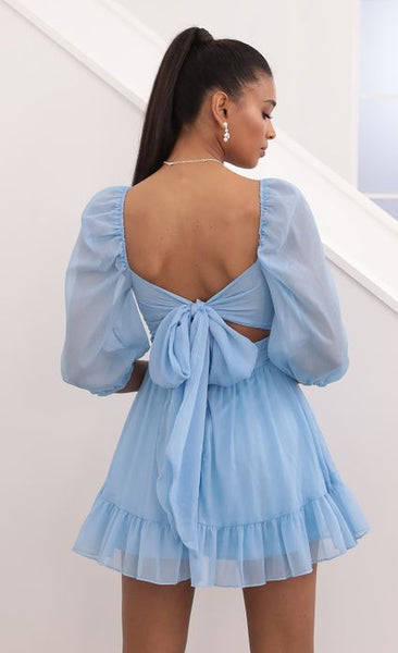 Sky Blue Puffed Sleeves Back Tie Up Dress