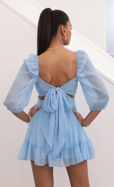 Sky Blue Puffed Sleeves Back Tie Up Dress