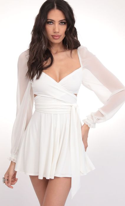 White Side Cut-Out Puff Sleeves Skater Dress