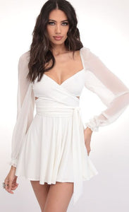 White Side Cut-Out Puff Sleeves Skater Dress