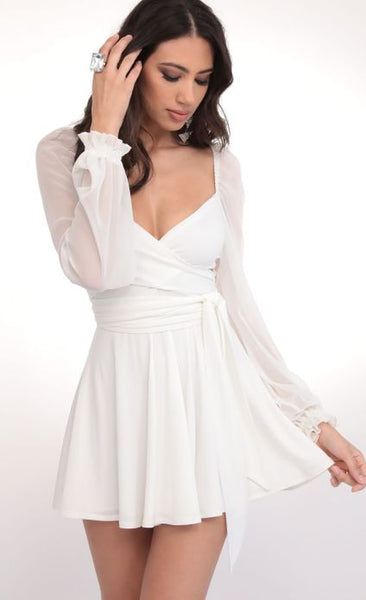 White Side Cut-Out Puff Sleeves Skater Dress