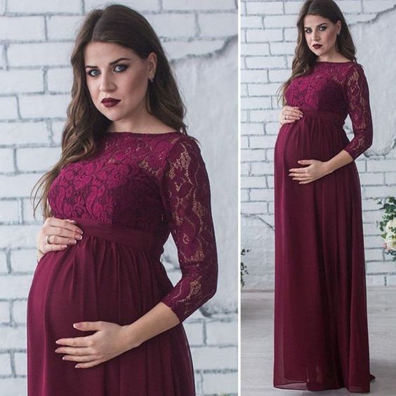 Wine Lace Full Sleeves Maternity Gown