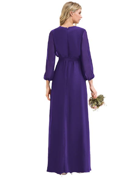 Purple V Neck Balloon Sleeves Tie Waist Maxi