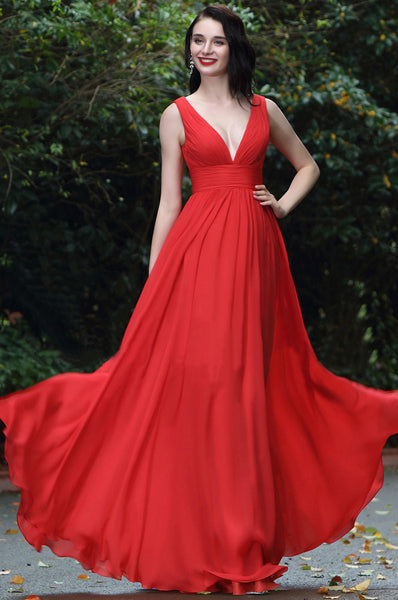 Red Plunge V Neck Square Backless Flared Maxi