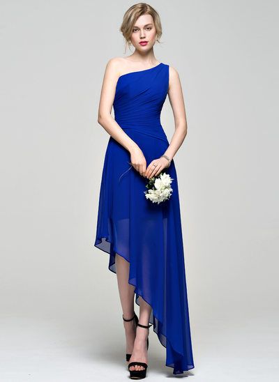 Royal Blue One-Shoulder Asymmetrical Chiffon Bridesmaid Dress With Ruf ShObO Royal Blue One-Shoulder Asymmetrical Chiffon Bridesmaid Dress With Ruf ShObO