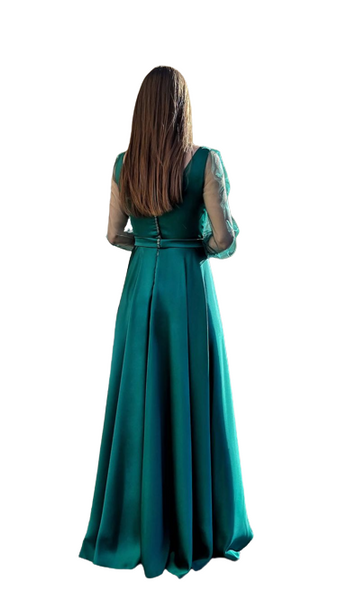 Bottle Green Sheer Sleeves Satin Slit Maxi