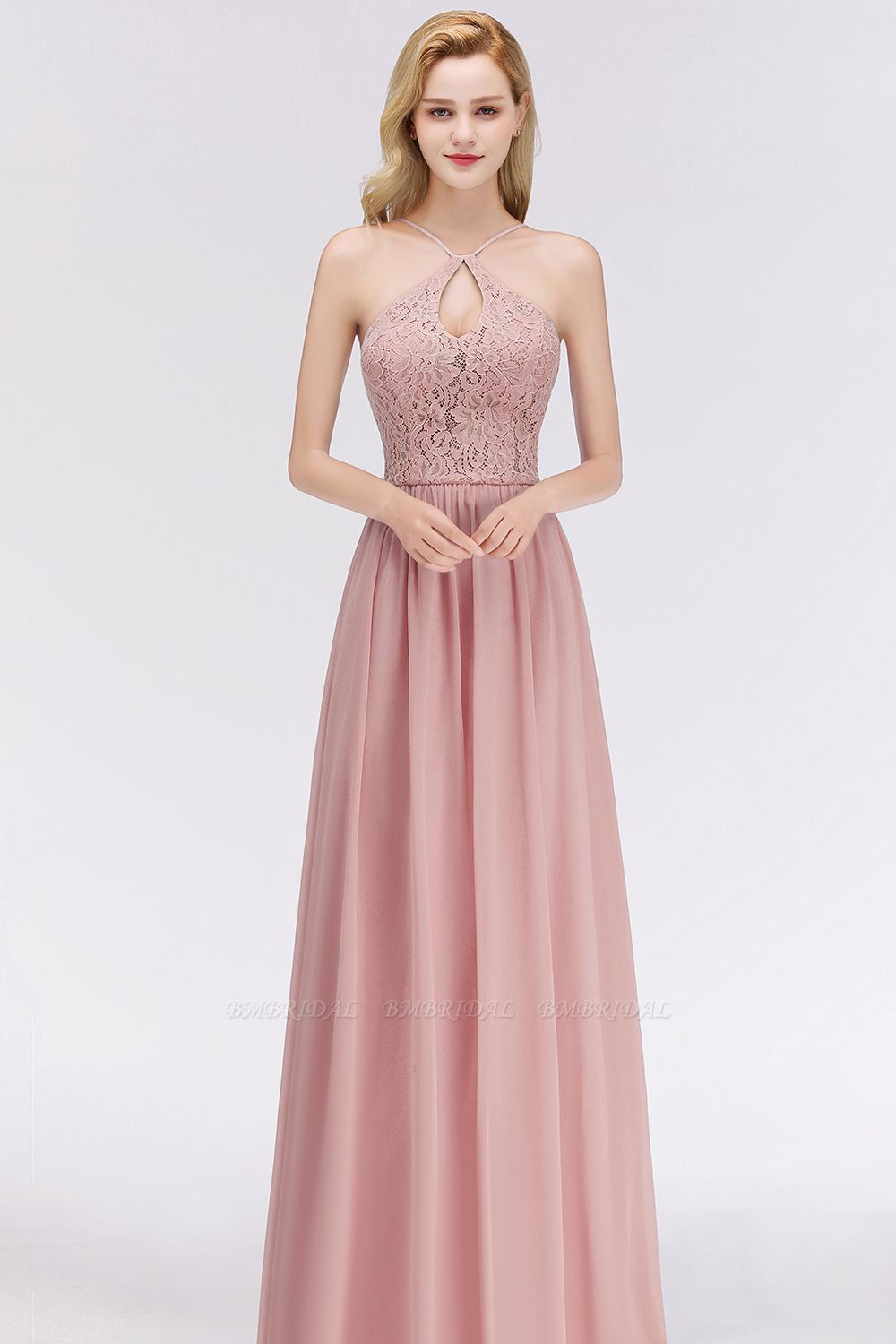 Elegant Lace Keyhole Halter Dusty Rose Bridesmaid Dress