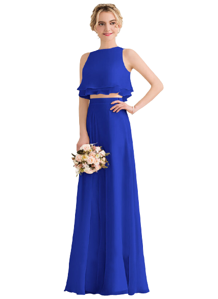 Royal Blue Overlay Frill Top With Skirt Set