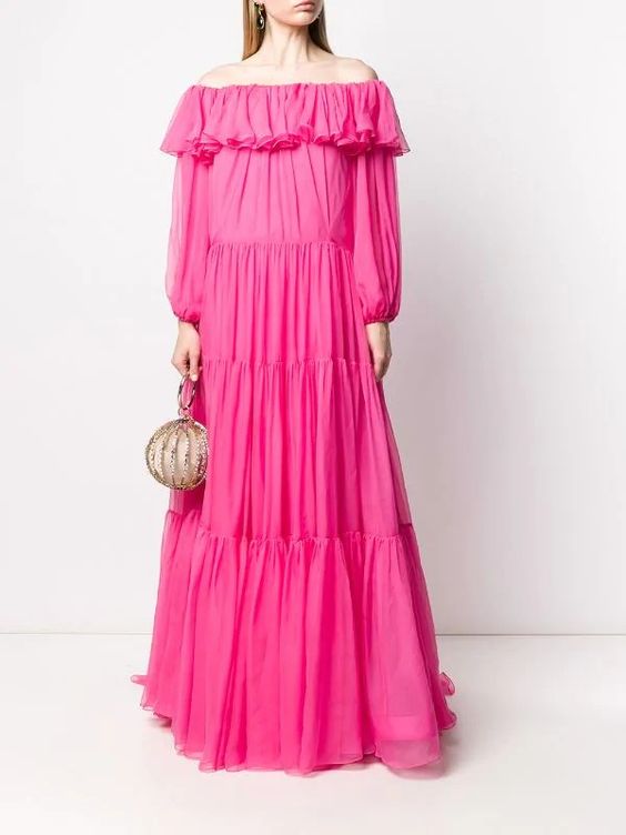 Pink Off-Shoulder Gathered Tiered Maxi