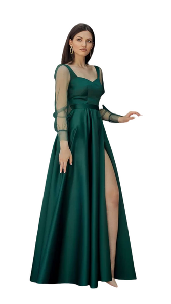 Bottle Green Sheer Sleeves Satin Slit Maxi