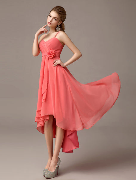 Coral Asymmetrical Sheath Flower Bridesmaid Dress