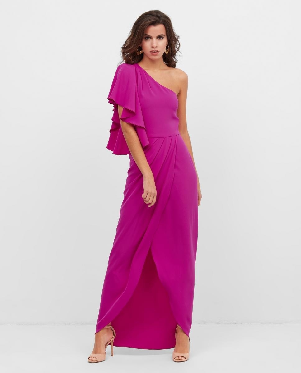 Burgundy Pink One Shoulder Flouncing Sleeves Dress