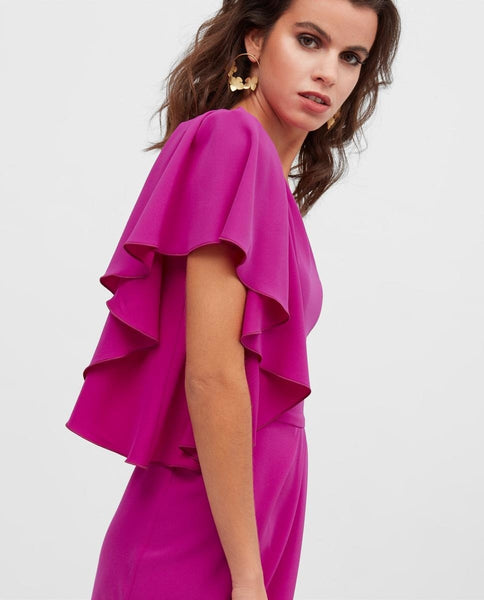 Burgundy Pink One Shoulder Flouncing Sleeves Dress