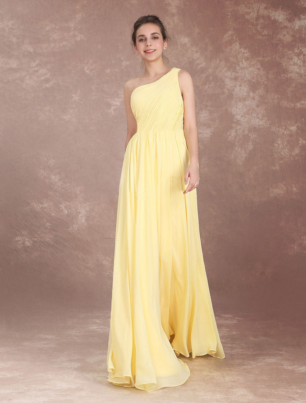 Yellow One Shoulder Ruched Back Cut-Out Maxi