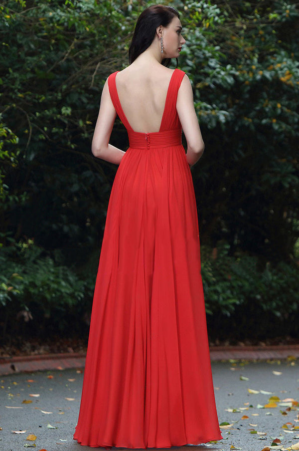 Red Plunge V Neck Square Backless Flared Maxi