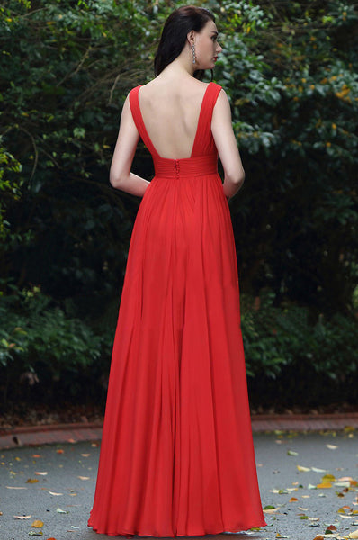 Red Plunge V Neck Square Backless Flared Maxi