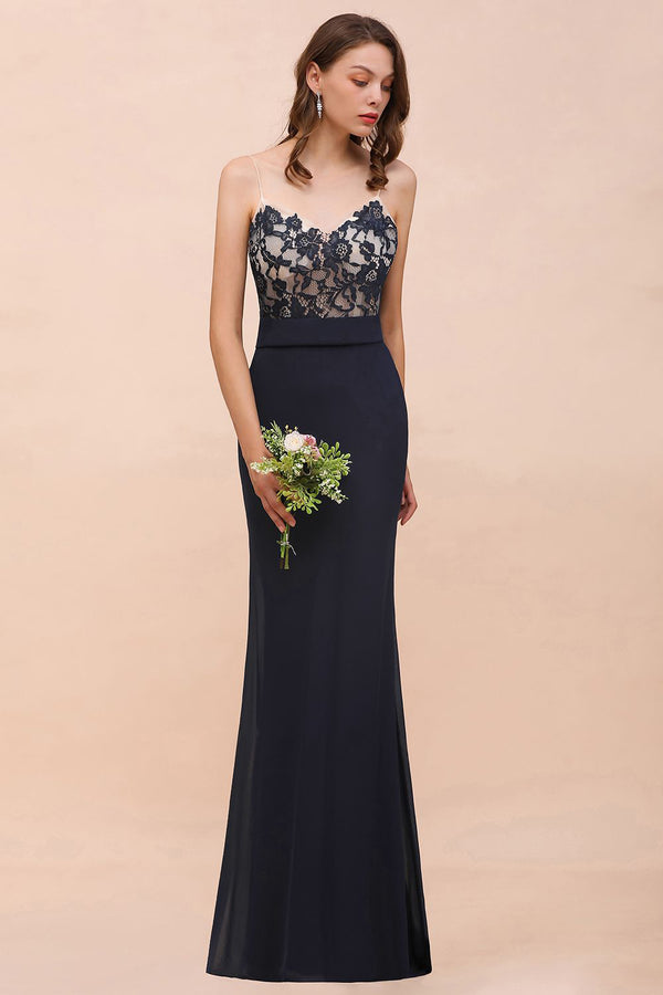 Navy Mermaid Lace Bridesmaid Dress with Spaghetti Straps