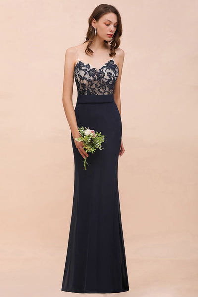 Navy Mermaid Lace Bridesmaid Dress with Spaghetti Straps