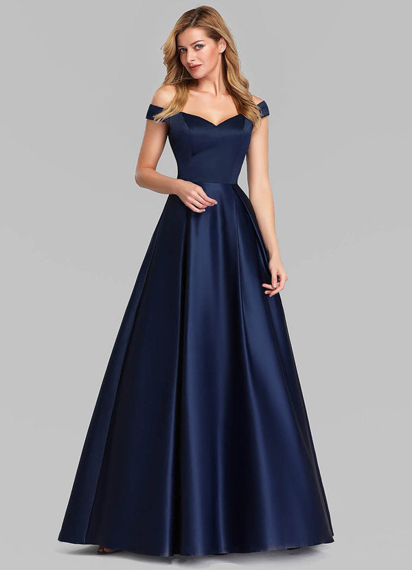 Navy Off-Shoulder Satin Ball Gown - Main Image