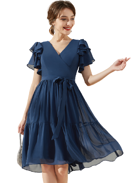 Navy Blue Flutter Sleeves Tiered Midi