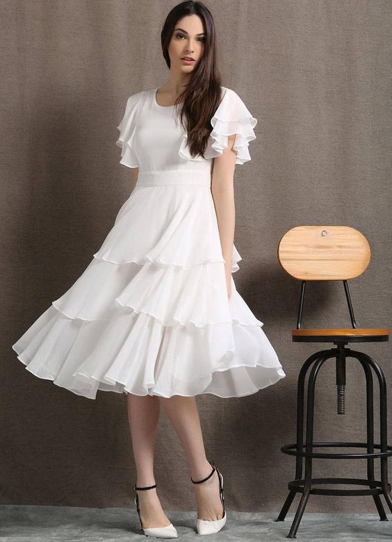 White Layered Frill Flouncing Sleeves Midi