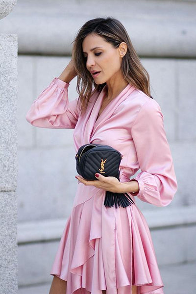 Blush Pink V Neck Satin Ruffle Dress
