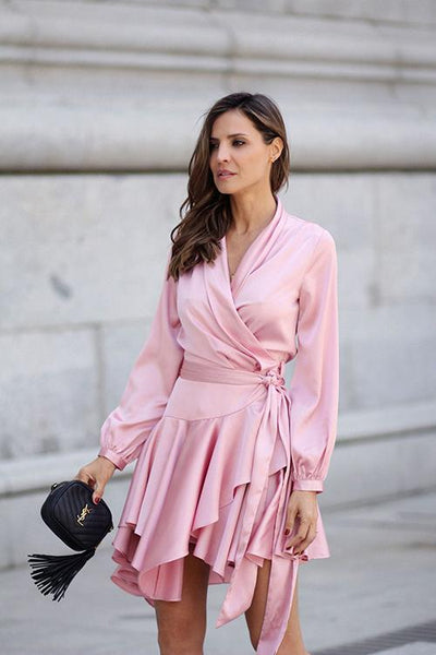 Blush Pink V Neck Satin Ruffle Dress