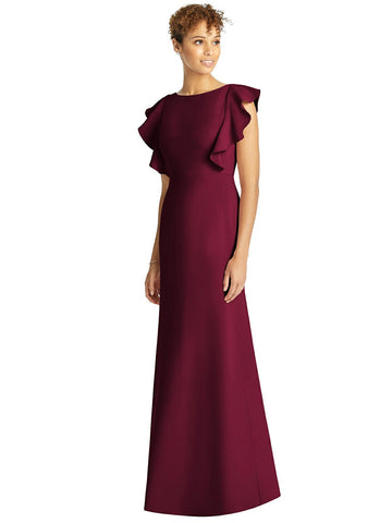 Wine Frill Sleeves Tie Back Mermaid Gown
