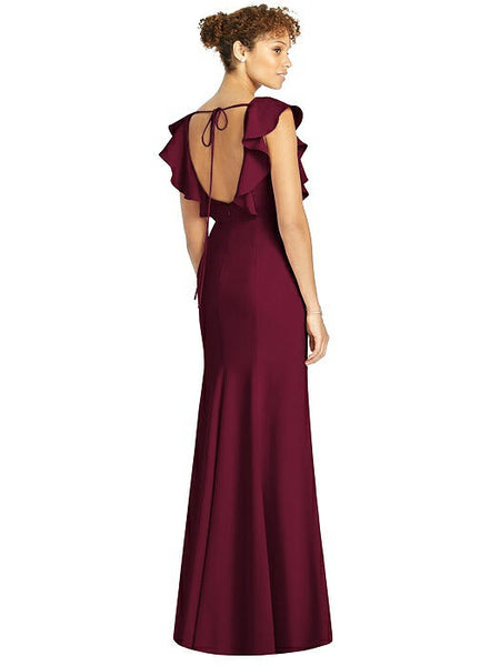 Wine Frill Sleeves Tie Back Mermaid Gown