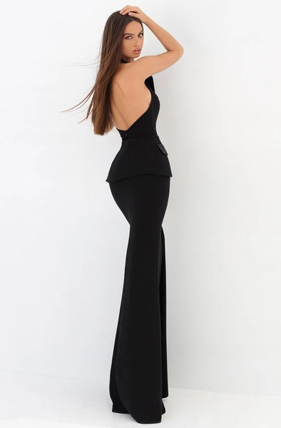 Black Blazer Pattern Plunge Neck Mermaid Gown