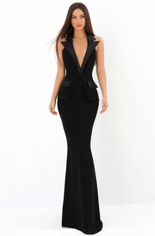 Black Blazer Pattern Plunge Neck Mermaid Gown