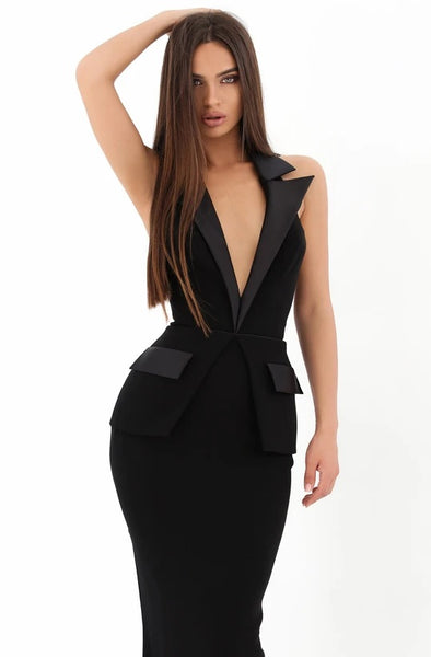 Black Blazer Pattern Plunge Neck Mermaid Gown