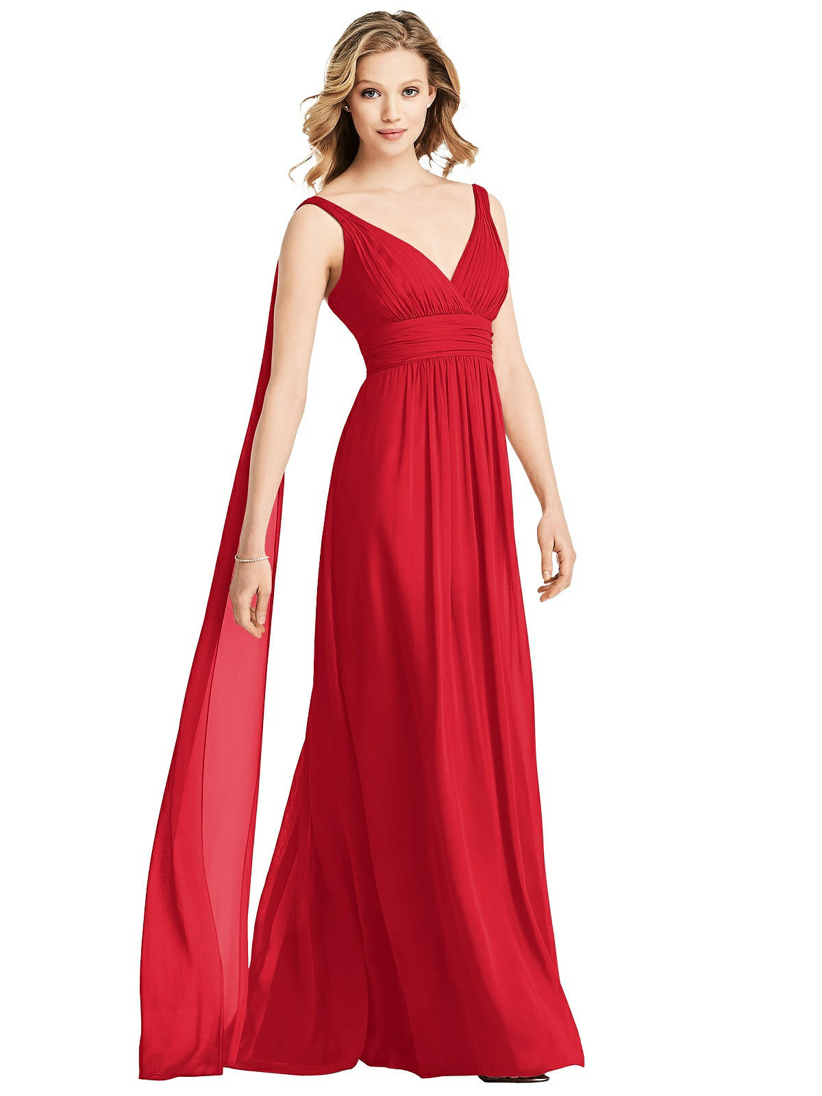 Red V Neck Ruched Flared Maxi