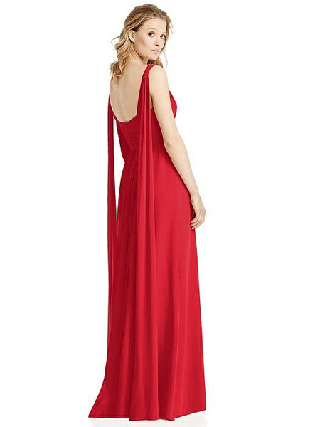 Red V Neck Ruched Flared Maxi