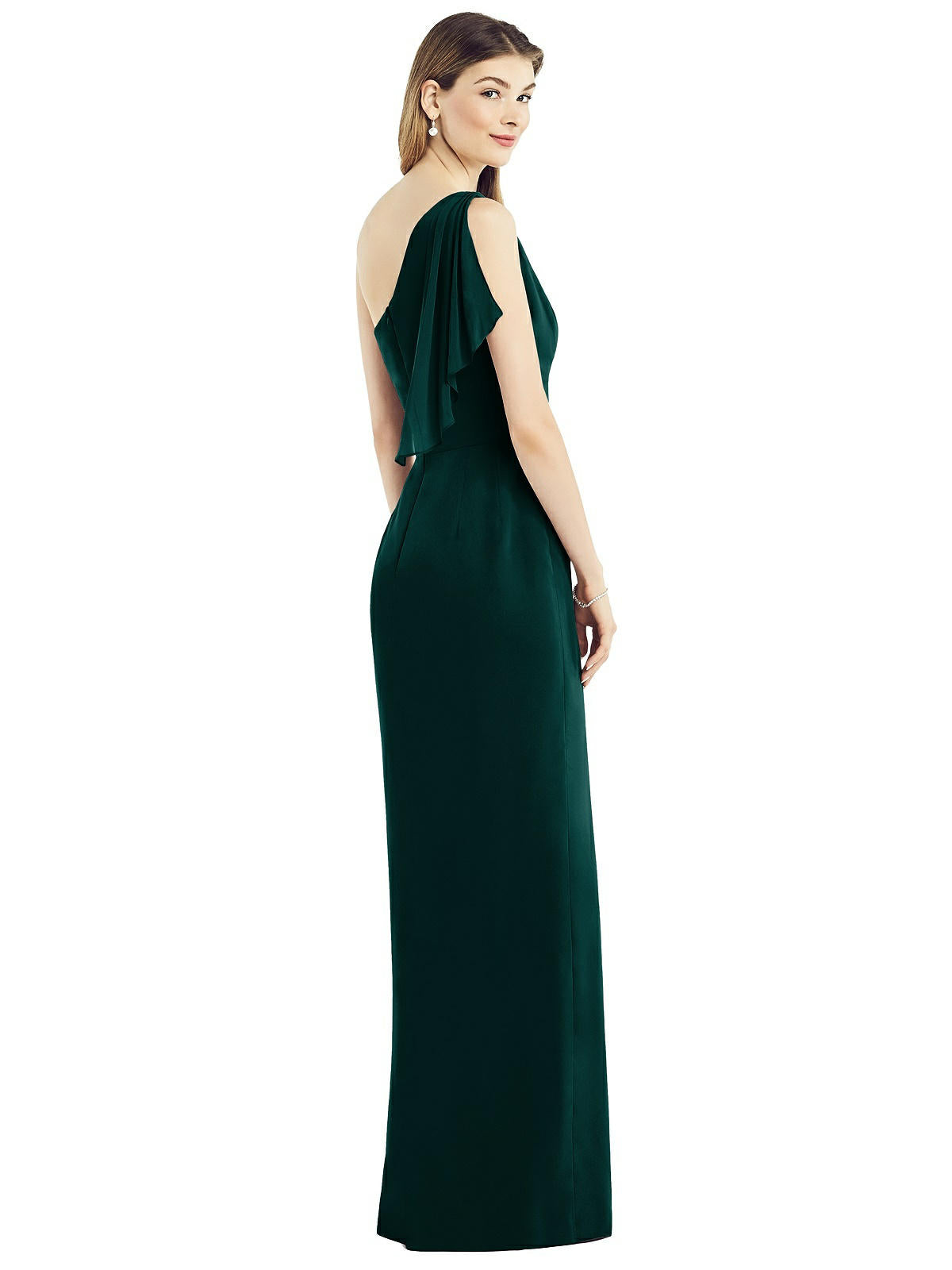 Bottle Green One Shoulder Drape Slit Dress