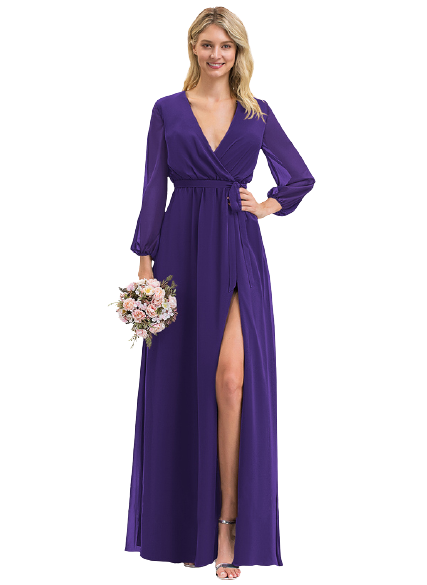 Purple V Neck Balloon Sleeves Tie Waist Maxi
