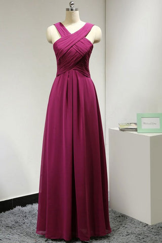 Burgundy Criss-Cross Halter Long Pleated Bridesmaid Dress