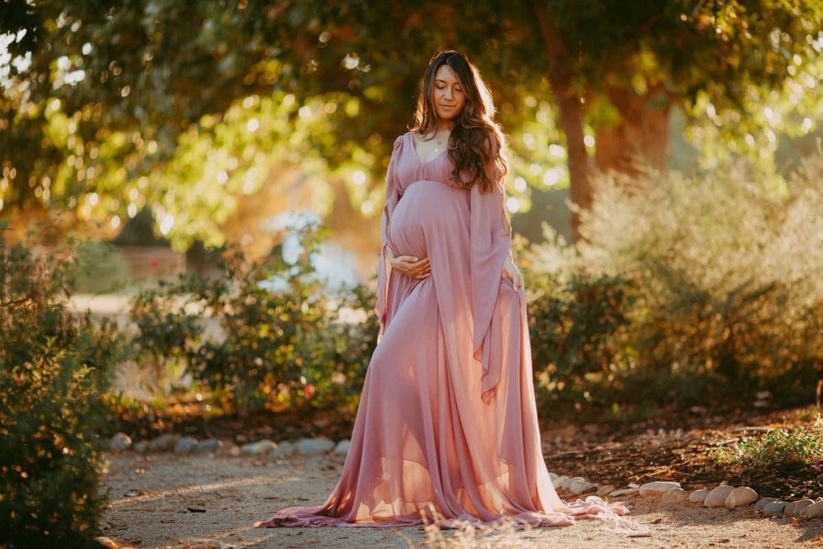 Dusty Rose Pink Bell Sleeves Maternity Gown
