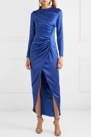 Royal Blue Satin Gathered Tulip Hem Midi