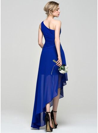 Royal Blue One-Shoulder Asymmetrical Chiffon Bridesmaid Dress With Ruffle