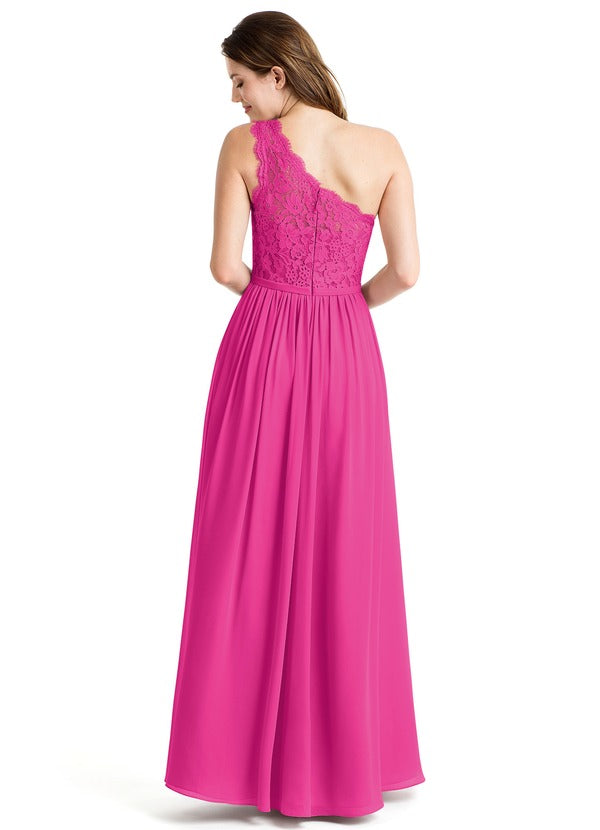 Hot Pink One Shoulder Lace Flared Maxi