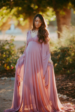 Dusty Rose Pink Bell Sleeves Maternity Gown
