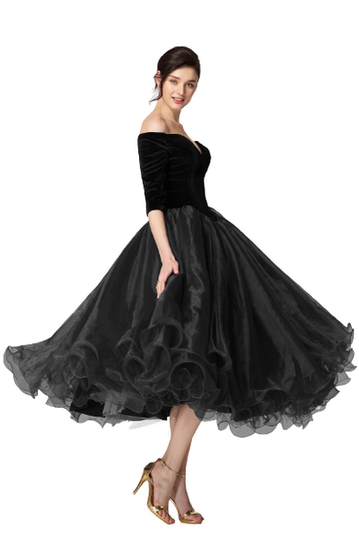 Black Off-Shoulder Vintage Tea Length Bounce Dress