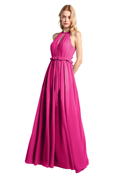 Hot Pink Halter Neck Back Buttoned Up Flared Maxi