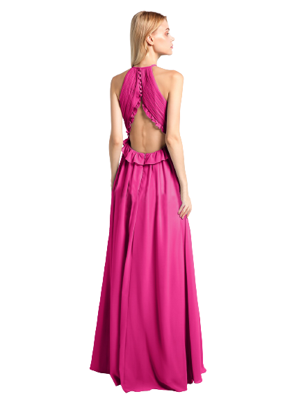 Hot Pink Halter Neck Back Buttoned Up Flared Maxi