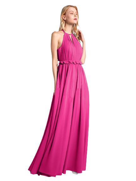 Hot Pink Halter Neck Back Buttoned Up Flared Maxi