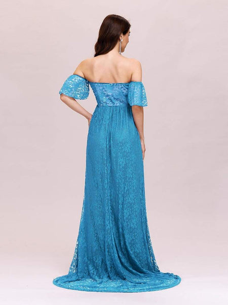 Turquoise Blue Lace Off-Shoulder Maternity Gown