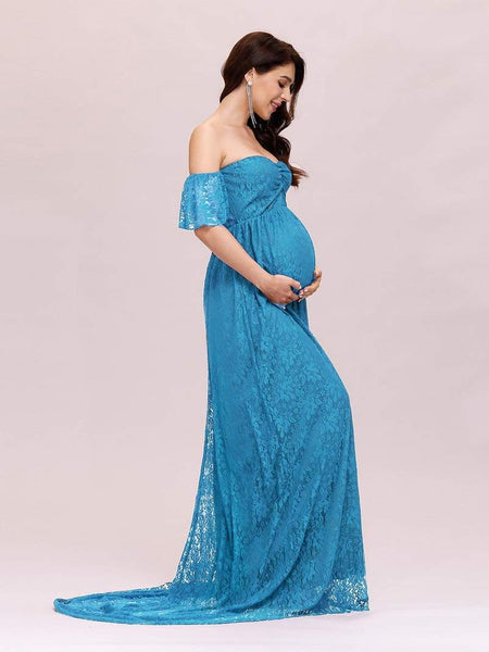 Turquoise Blue Lace Off-Shoulder Maternity Gown